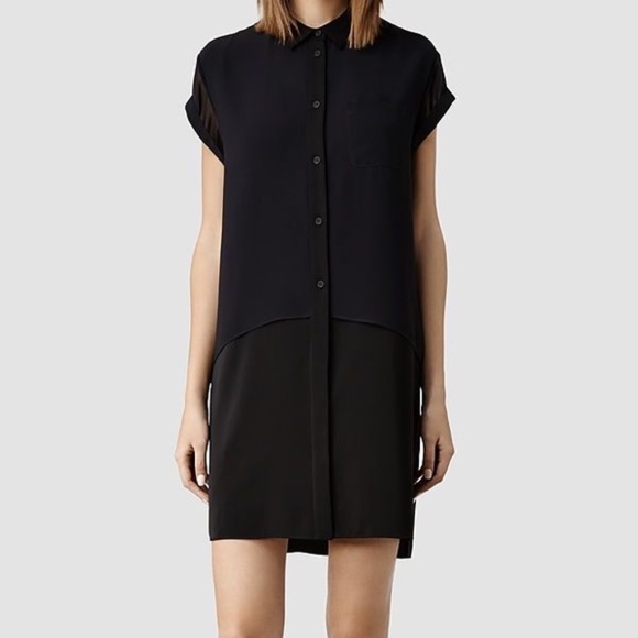 All Saints Silk Shirt Dress Size 2 Navy Black - Picture 3 of 8